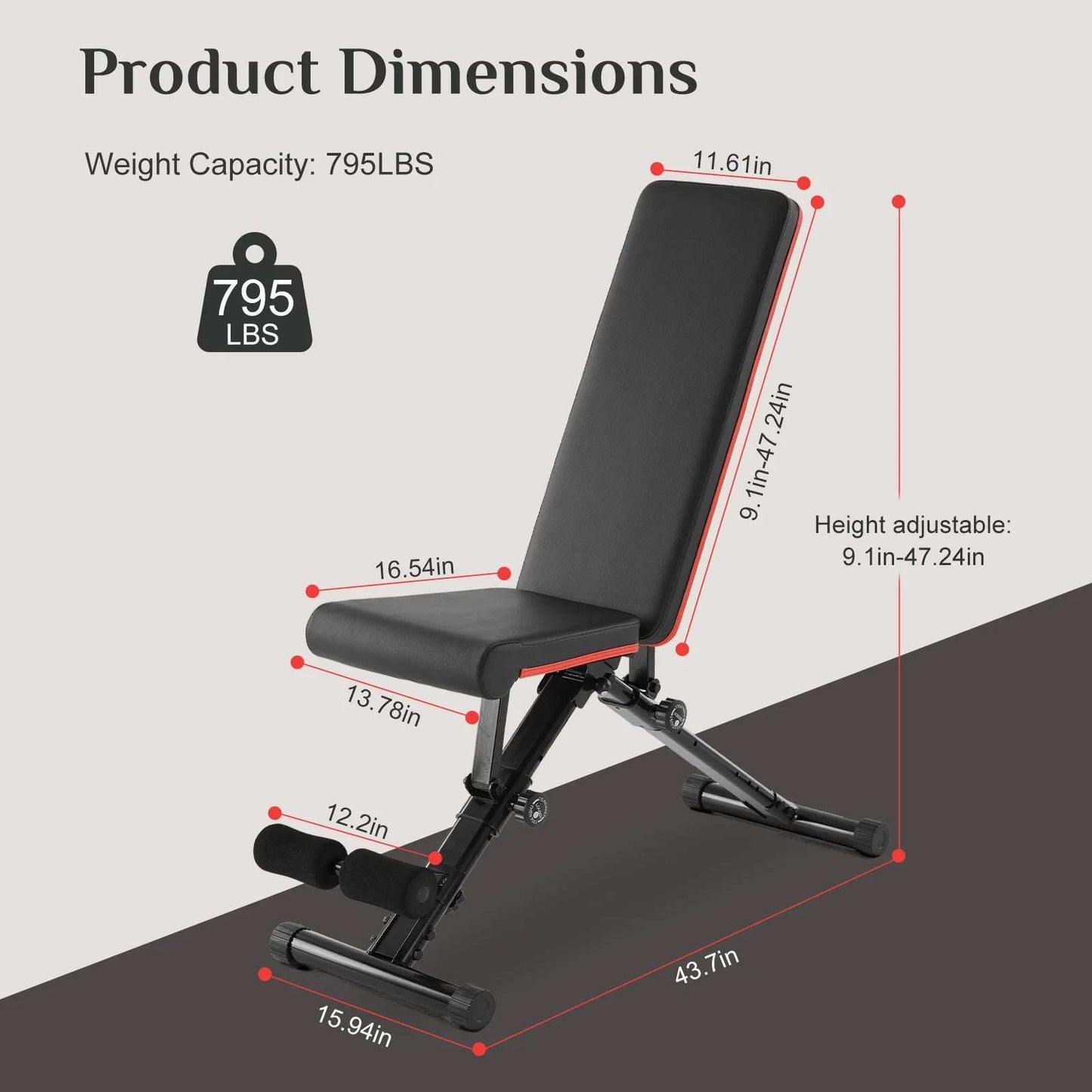 Weight Adjustable Workout Bench for Home Gym, 795LBS Capacity Foldable Bench Press,Black