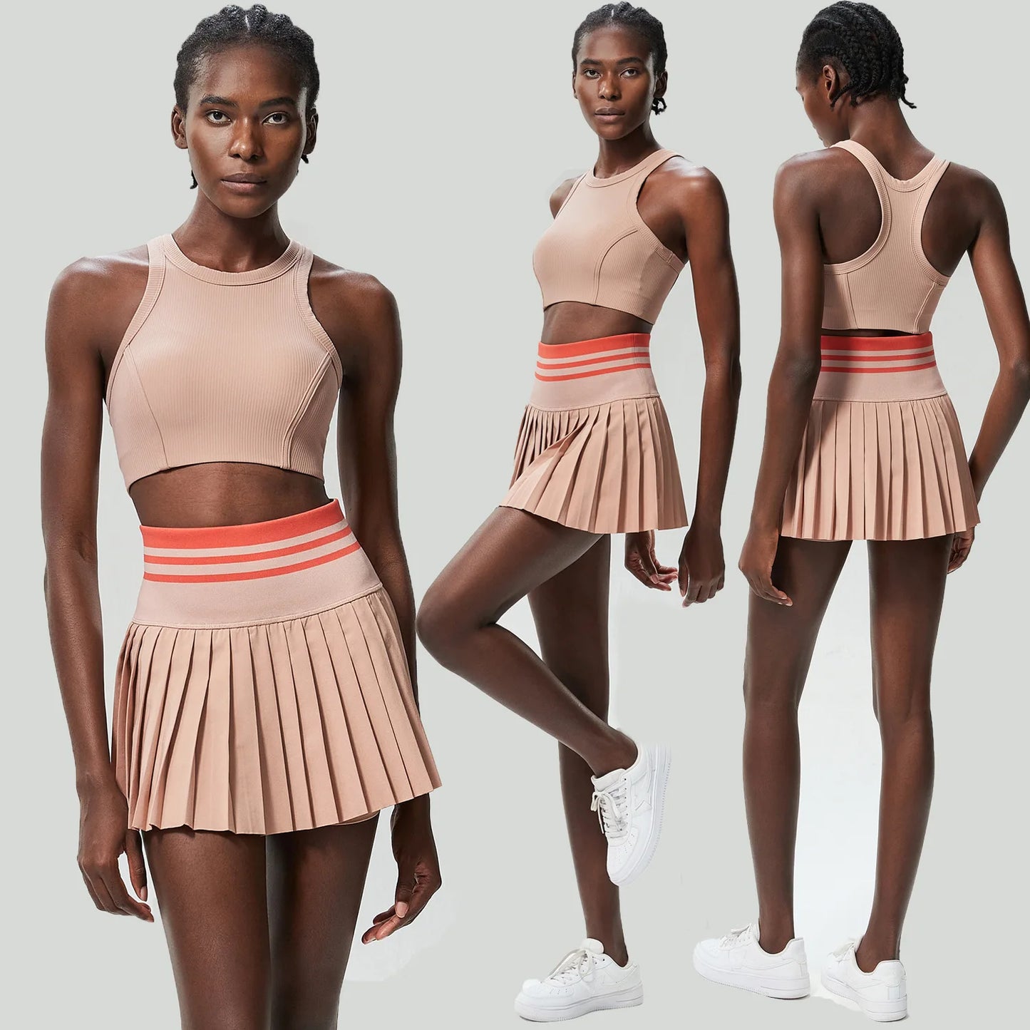 Women Short Sportswear Two Pieces Fitness Yoga Set High Waist Tennis Skirt Crop Top Gym Suit Female Breathable Sportswear