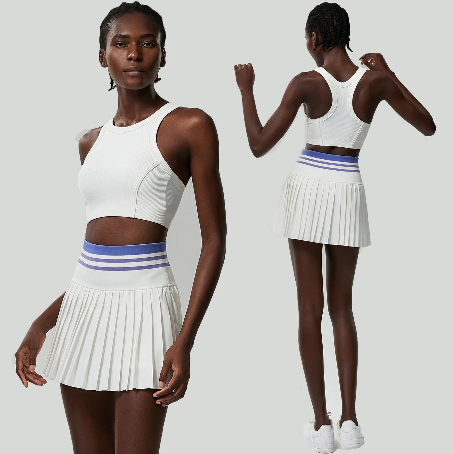 Women Short Sportswear Two Pieces Fitness Yoga Set High Waist Tennis Skirt Crop Top Gym Suit Female Breathable Sportswear