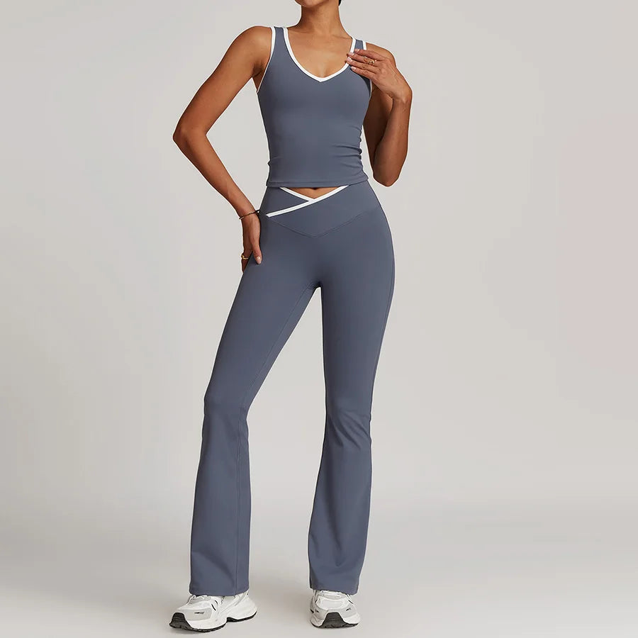 New Yoga Set 2 Pieces Women Clothes Workout Outfits Fitness Sportswear Gym Tracksuit Flares Leggings Sports Bra Tank Shorts Suit