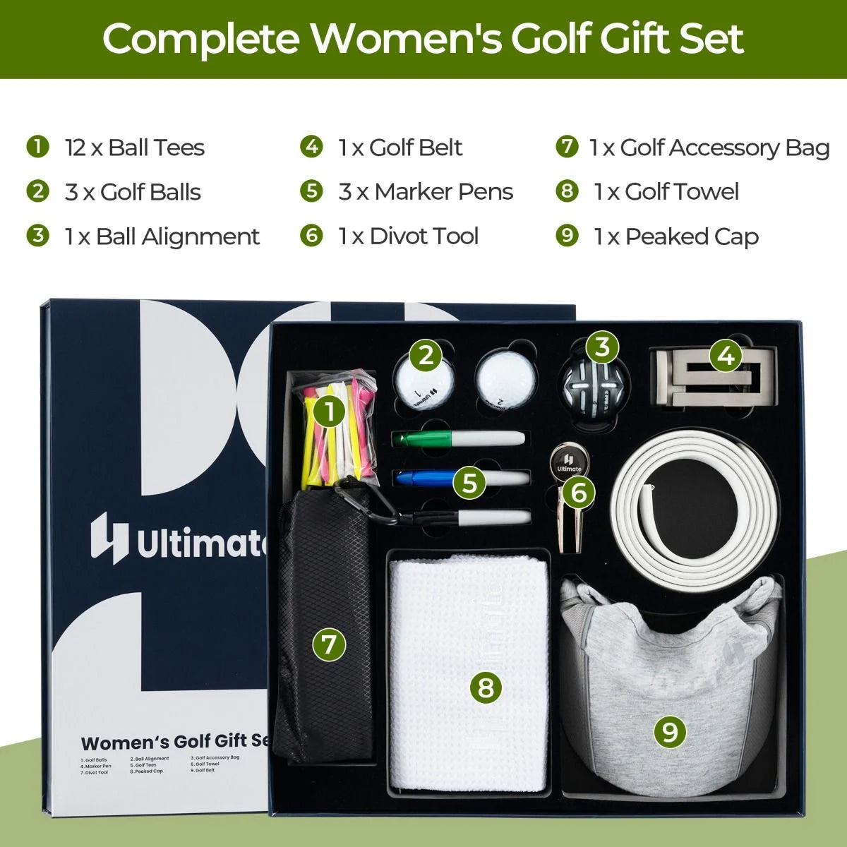 Complete Golf Accessories Set with Golf Balls Golf Tees Golf Towel Golf Belt and Golf Hat