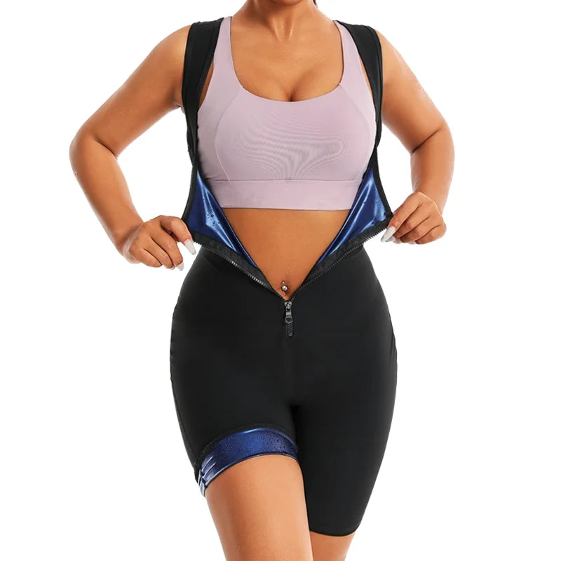 3 in 1 Gym Full Body Jumpsuit Fitness Sauna Suits for Women Weight Loss Bodysuits Slimming Vest Shorts Workout Waist Trainer