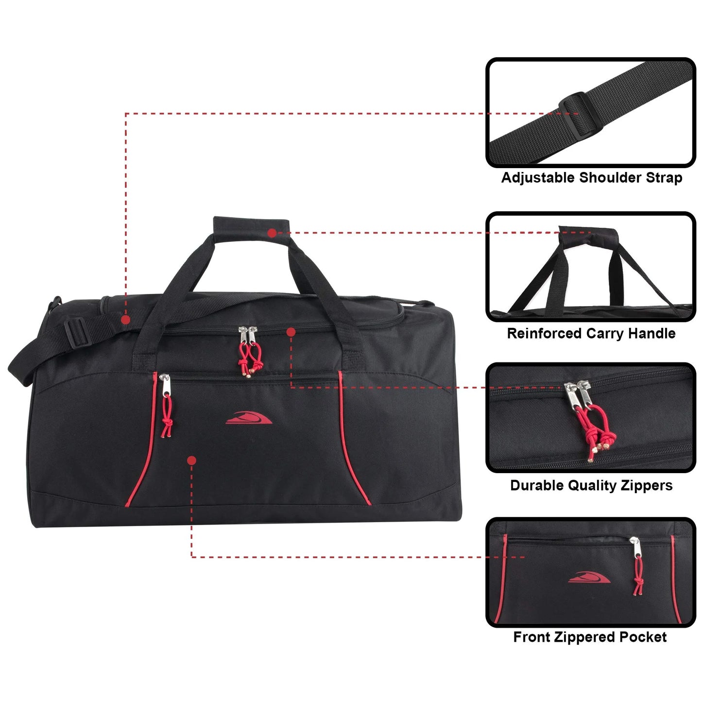 24 Inch 55 Liter Weekender Overnight Duffel Shoulder Bag for Men, Women, Teens, Gym, Travel, Sports and Recreation in Black with Red Trim
