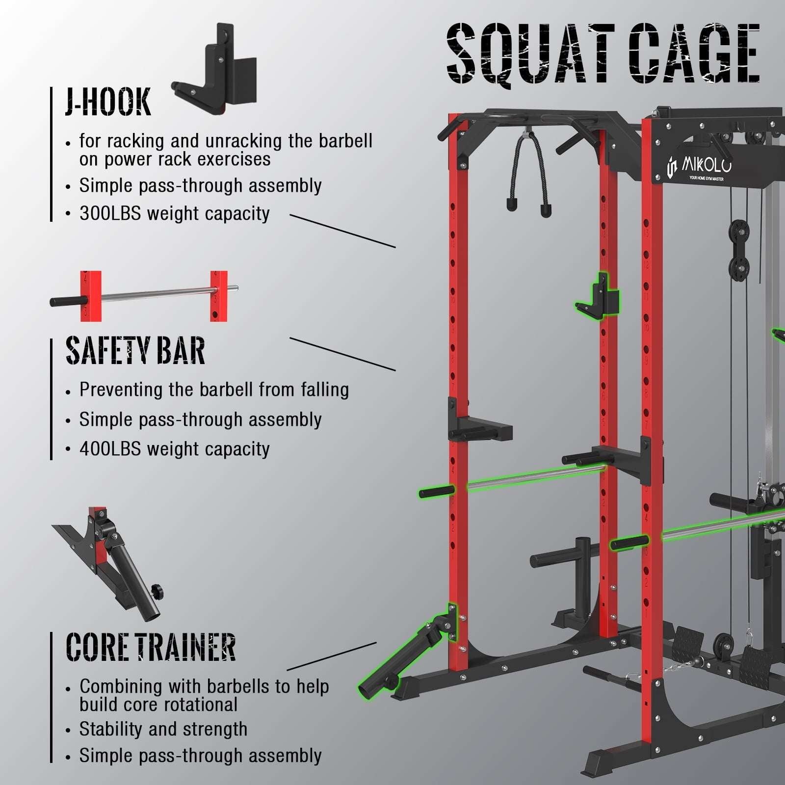 Power Rack Cage with LAT Pulldown System,1200Lbs Capacity Steel Workout Rack, Multi-Functional Squat Rack with 13-Level Adjustable Height and J-Hooks, Dip Bars, T-Bar, Gym Equipment (Upgraded)