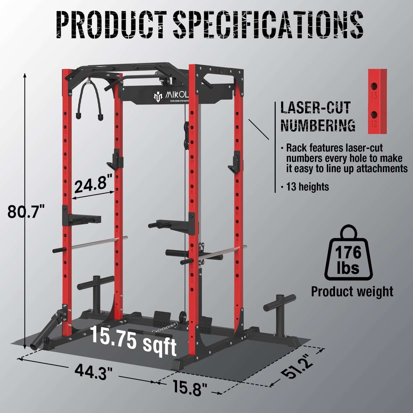 Power Rack Cage with LAT Pulldown System,1200Lbs Capacity Steel Workout Rack, Multi-Functional Squat Rack with 13-Level Adjustable Height and J-Hooks, Dip Bars, T-Bar, Gym Equipment (Upgraded)