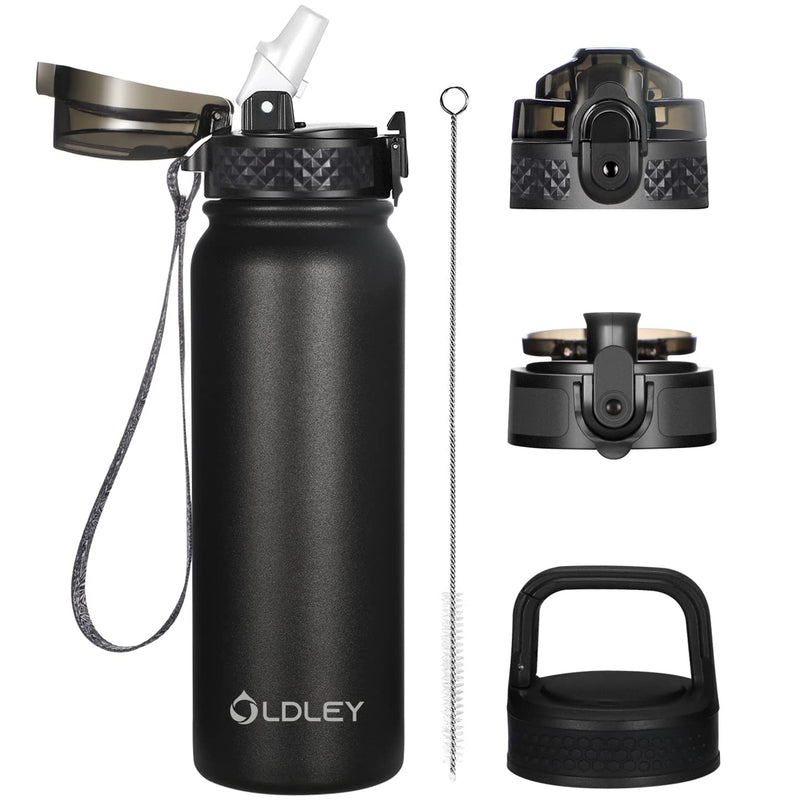 Oldley Insulated Water Bottle 20oz for Adults Kids Stainless Steel Water Bottles with Straw/Chug/Carabiner 3 Lids Fruit Strainer Double Wall Vacuum Wide Mouth BPA Free Leak-Proof for School Travel