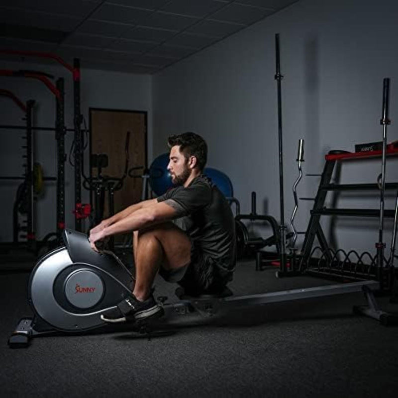 Sunny Health & Fitness Flip & Foldable Rowing Machine for Home w/Extended Slide Rail, Full-Body Workout, Low-Impact, Optional Extra Long Rail, Quiet Rail Cover, Water Motion and Free SunnyFit App - Blend Bazaar
