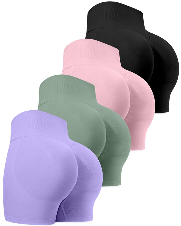 CHRLEISURE Workout Gym Biker Shorts, High Waisted Butt Lifting Scrunch Butt Sports Seamless Shorts Sets 4 Piece