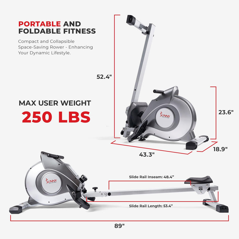 Sunny Health & Fitness Flip & Foldable Rowing Machine for Home w/Extended Slide Rail, Full-Body Workout, Low-Impact, Optional Extra Long Rail, Quiet Rail Cover, Water Motion and Free SunnyFit App - Blend Bazaar