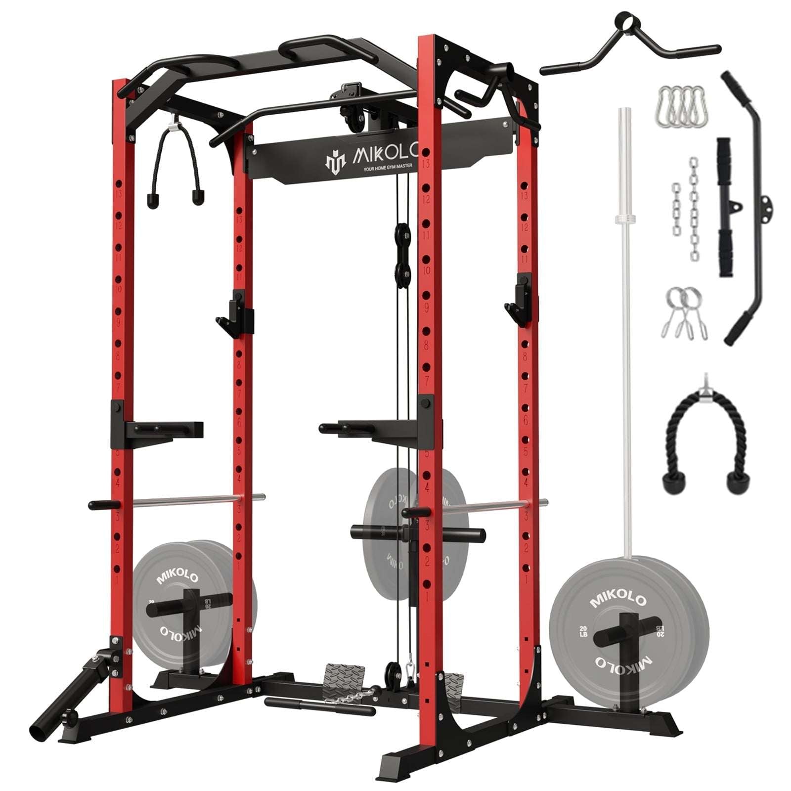 Power Rack Cage with LAT Pulldown System,1200Lbs Capacity Steel Workout Rack, Multi-Functional Squat Rack with 13-Level Adjustable Height and J-Hooks, Dip Bars, T-Bar, Gym Equipment (Upgraded)