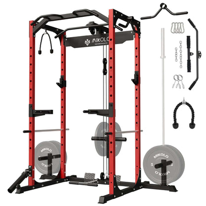 Power Rack Cage with LAT Pulldown System,1200Lbs Capacity Steel Workout Rack, Multi-Functional Squat Rack with 13-Level Adjustable Height and J-Hooks, Dip Bars, T-Bar, Gym Equipment (Upgraded)