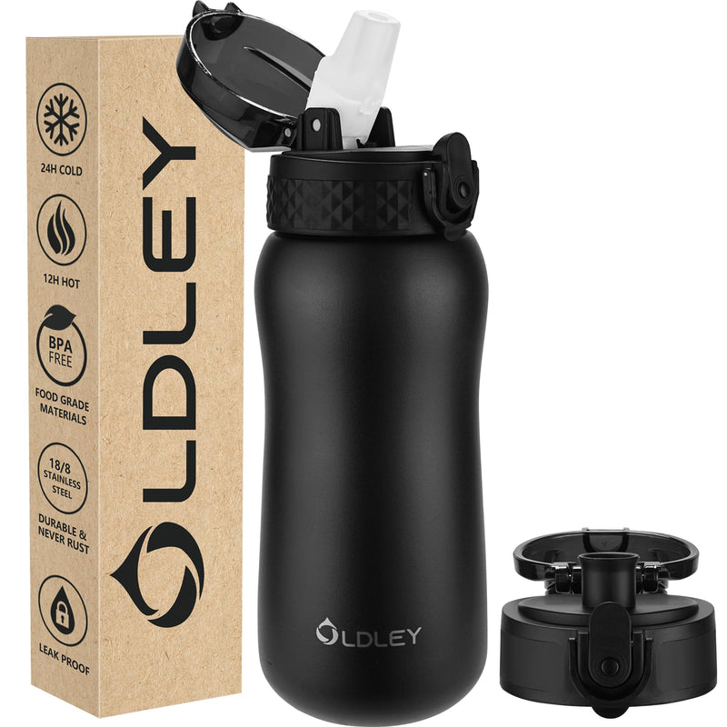 Oldley Insulated Water Bottle 20oz for Adults Kids Stainless Steel Water Bottles with Straw/Chug/Carabiner 3 Lids Fruit Strainer Double Wall Vacuum Wide Mouth BPA Free Leak-Proof for School Travel