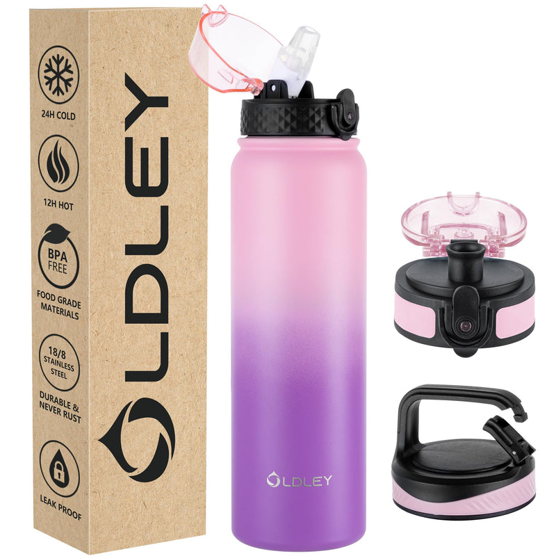 Oldley Insulated Water Bottle 20oz for Adults Kids Stainless Steel Water Bottles with Straw/Chug/Carabiner 3 Lids Fruit Strainer Double Wall Vacuum Wide Mouth BPA Free Leak-Proof for School Travel