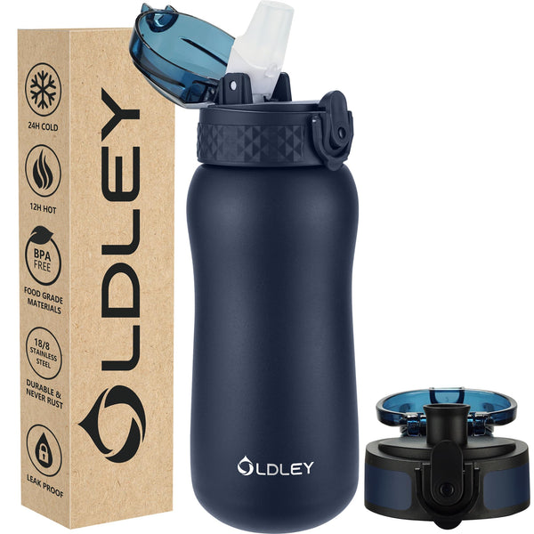 Oldley Insulated Water Bottle 20oz for Adults Kids Stainless Steel Water Bottles with Straw/Chug/Carabiner 3 Lids Fruit Strainer Double Wall Vacuum Wide Mouth BPA Free Leak-Proof for School Travel