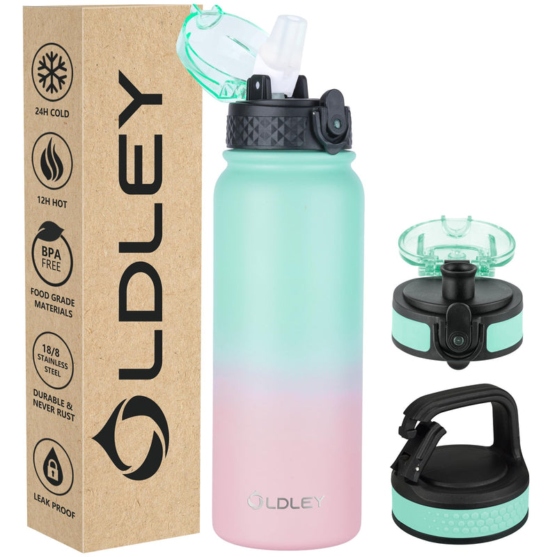 Oldley Insulated Water Bottle 20oz for Adults Kids Stainless Steel Water Bottles with Straw/Chug/Carabiner 3 Lids Fruit Strainer Double Wall Vacuum Wide Mouth BPA Free Leak-Proof for School Travel