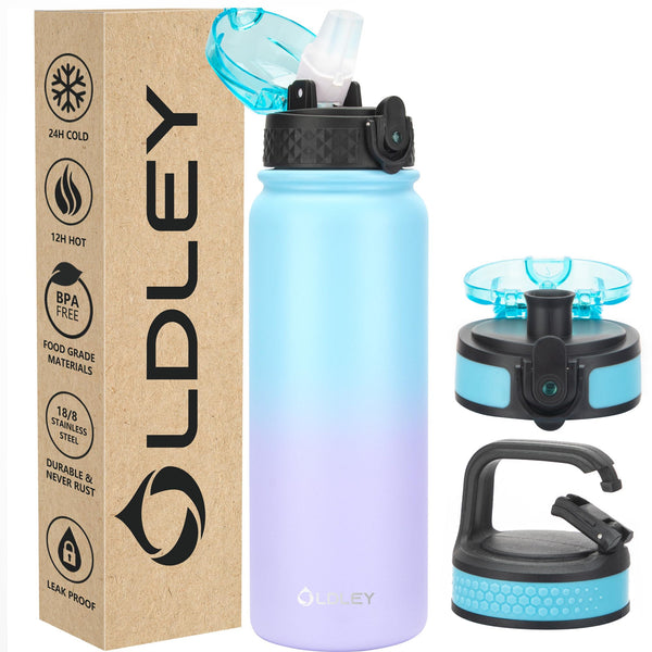 Oldley Insulated Water Bottle 20oz for Adults Kids Stainless Steel Water Bottles with Straw/Chug/Carabiner 3 Lids Fruit Strainer Double Wall Vacuum Wide Mouth BPA Free Leak-Proof for School Travel