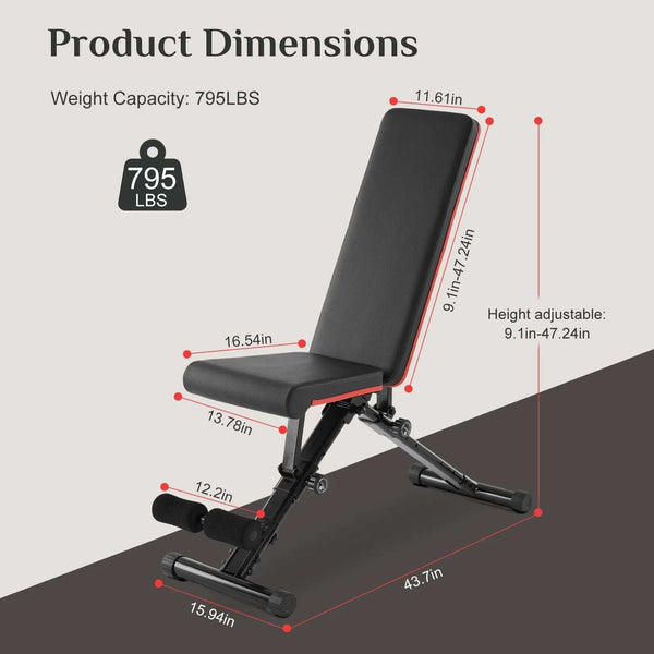 Weight Adjustable Workout Bench for Home Gym, 795LBS Capacity Foldable Bench Press，Black