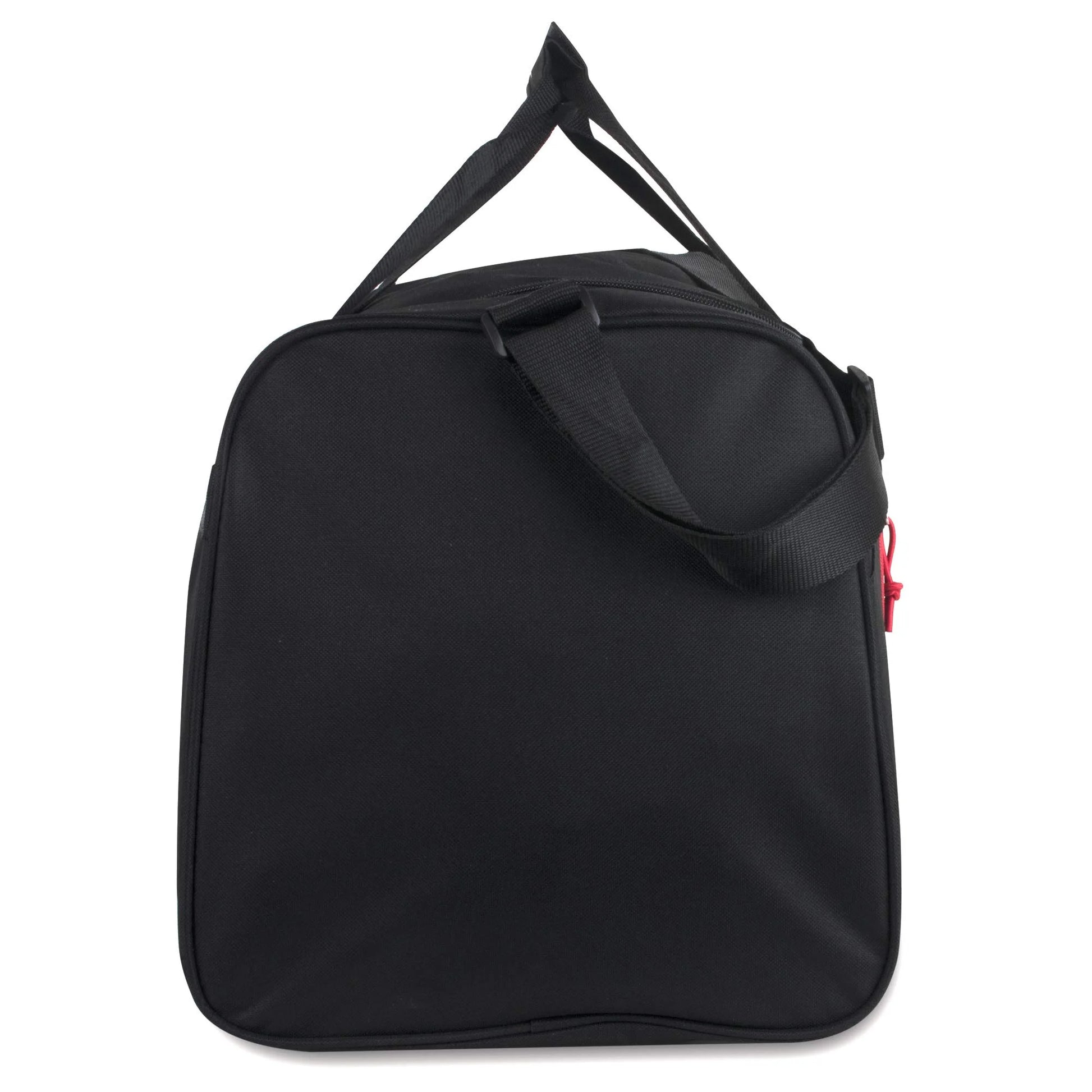 24 Inch 55 Liter Weekender Overnight Duffel Shoulder Bag for Men, Women, Teens, Gym, Travel, Sports and Recreation in Black with Red Trim