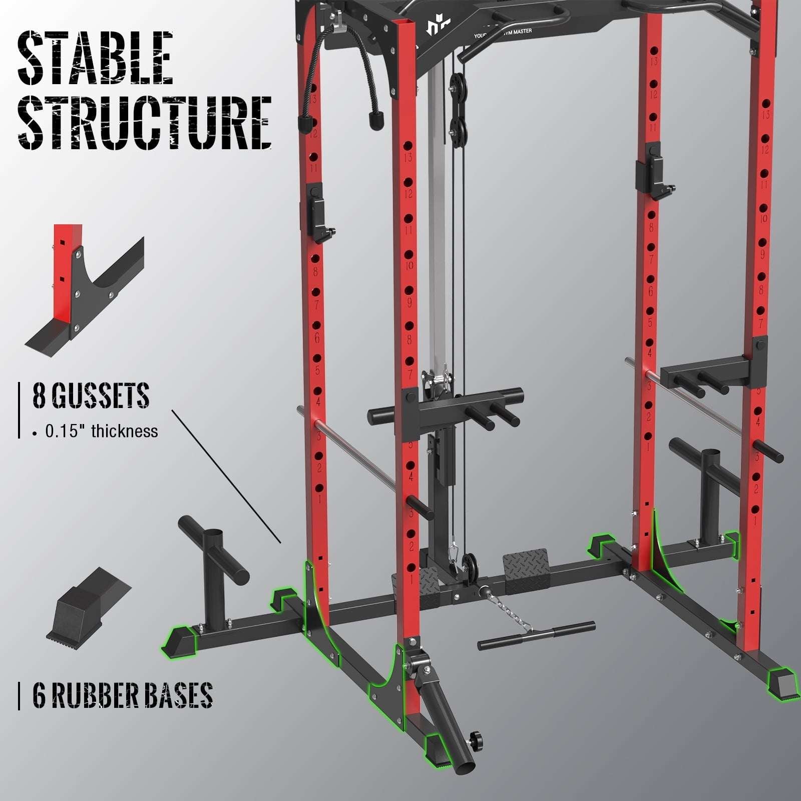 Power Rack Cage with LAT Pulldown System,1200Lbs Capacity Steel Workout Rack, Multi-Functional Squat Rack with 13-Level Adjustable Height and J-Hooks, Dip Bars, T-Bar, Gym Equipment (Upgraded)