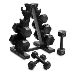 Barbell 100 Lb Cast Iron Hex Dumbbell Weight Set with Rack, Black - Blend Bazaar