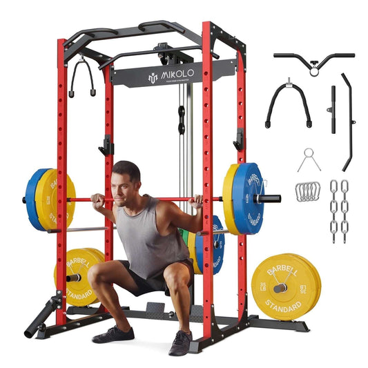 Power Rack Cage with LAT Pulldown System,1200Lbs Capacity Steel Workout Rack, Multi-Functional Squat Rack with 13-Level Adjustable Height and J-Hooks, Dip Bars, T-Bar, Gym Equipment (Upgraded)