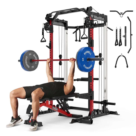 Power Rack Cage, Weight Rack with Dual Pulley Cable Crossover Machine,Multi-Function Squat Rack with J Hooks,Dip Bars and Landmine for Home Gym (Red)