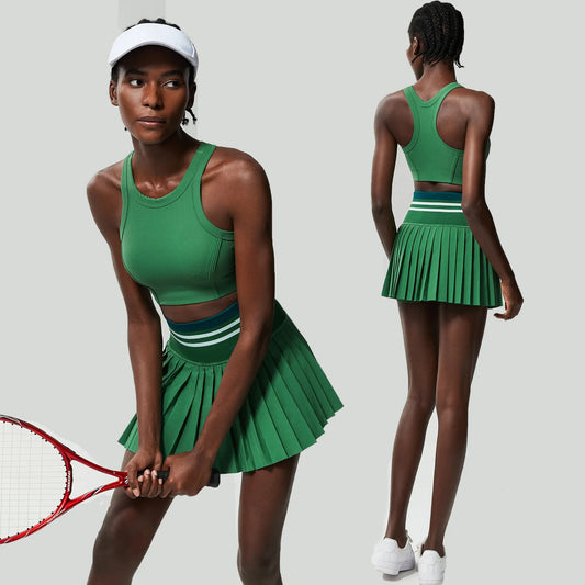 Women Short Sportswear Two Pieces Fitness Yoga Set High Waist Tennis Skirt Crop Top Gym Suit Female Breathable Sportswear