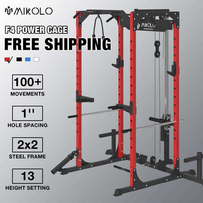 Power Rack Cage with LAT Pulldown System,1200Lbs Capacity Steel Workout Rack, Multi-Functional Squat Rack with 13-Level Adjustable Height and J-Hooks, Dip Bars, T-Bar, Gym Equipment (Upgraded)