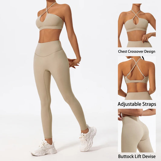 Two-Piece Women'S Sports Set Chest Crossover Yoga Clothes Female Gym Bandeau Sports Bra Suits Sport Outfit for Woman