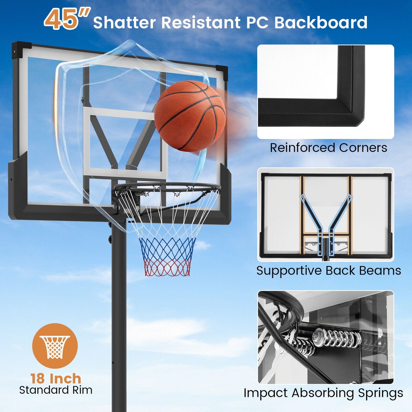 225CM-305CM Adjustable Basketball Hoop with 110CM Shatterproof Backboard