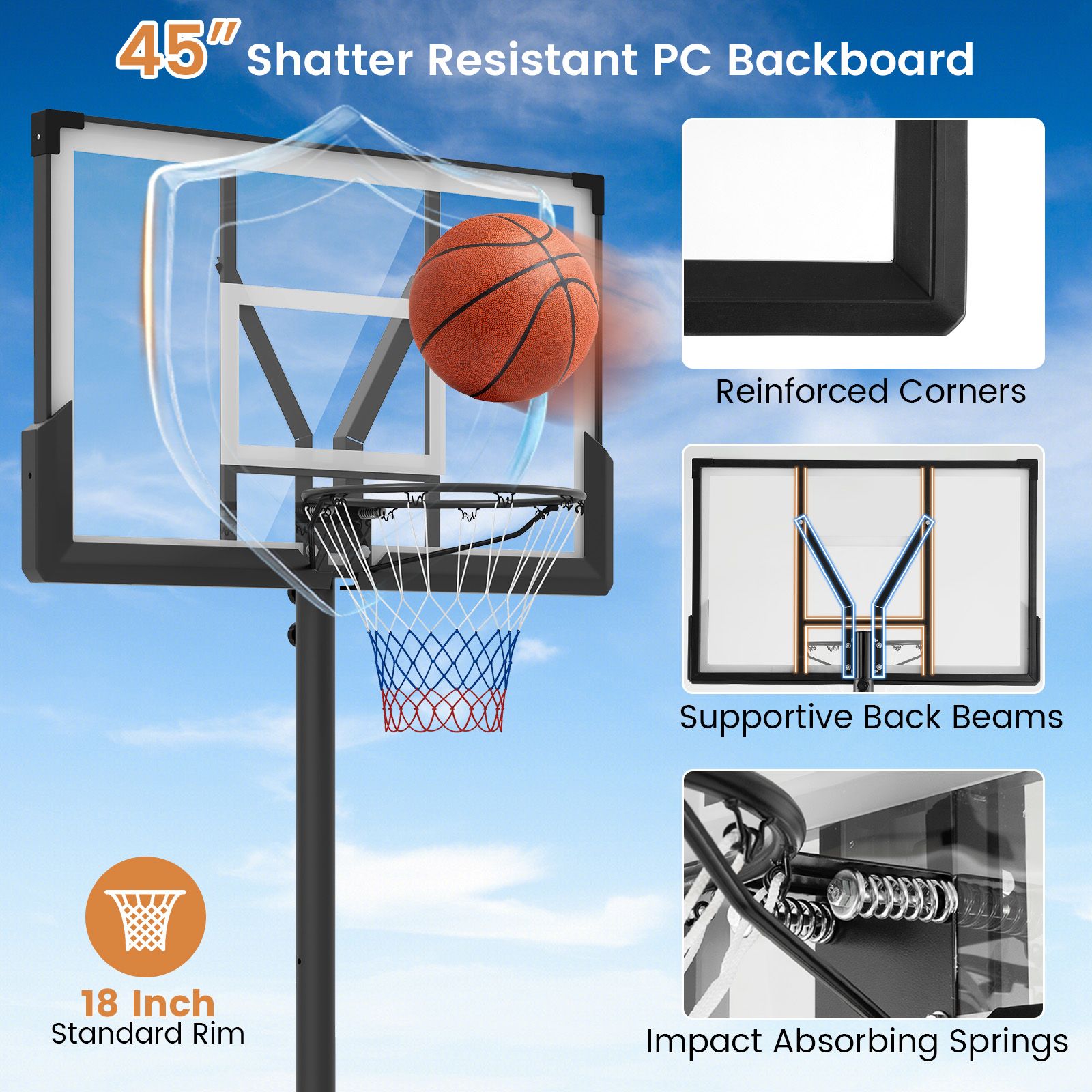 225CM-305CM Adjustable Basketball Hoop with 110CM Shatterproof Backboard