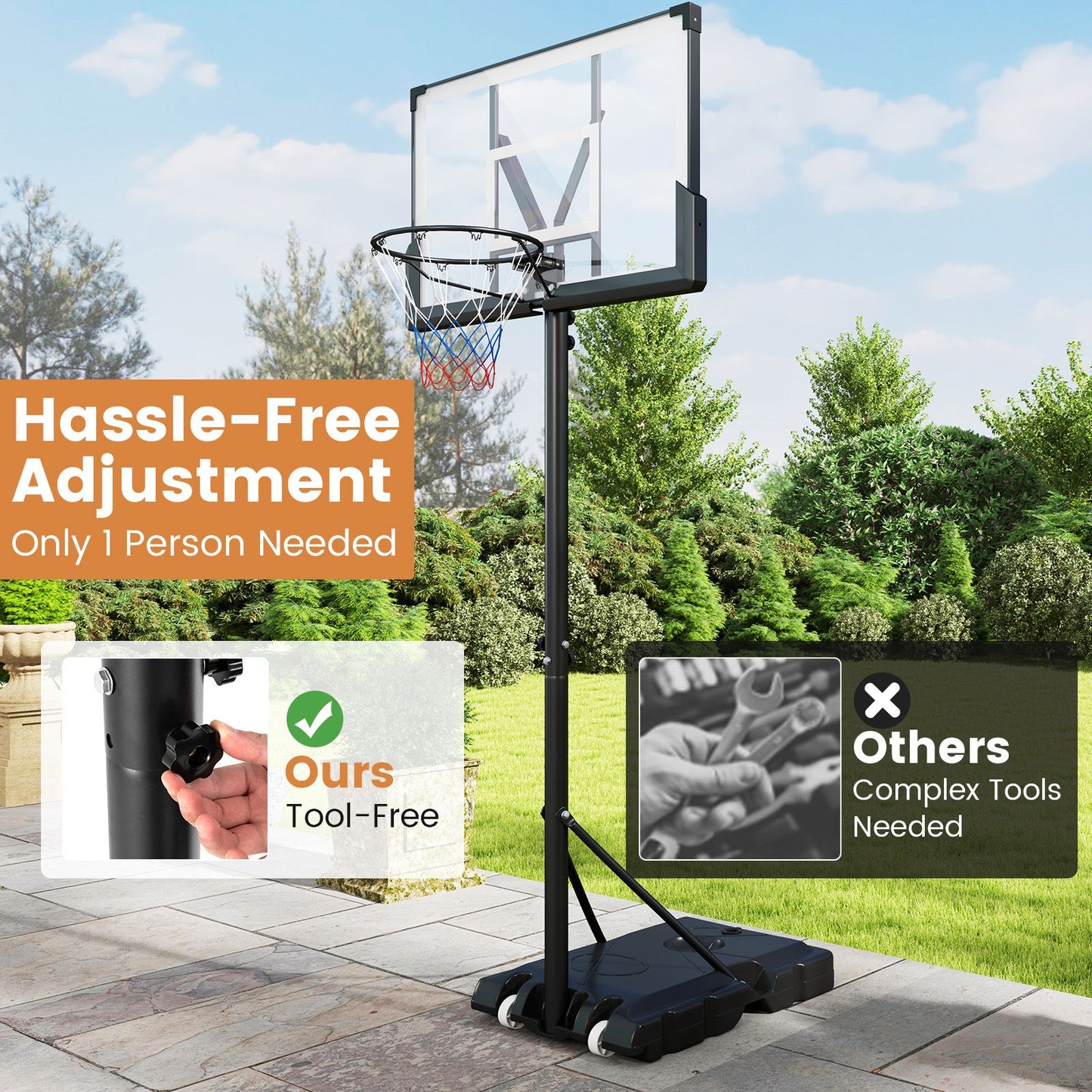 225CM-305CM Adjustable Basketball Hoop with 110CM Shatterproof Backboard