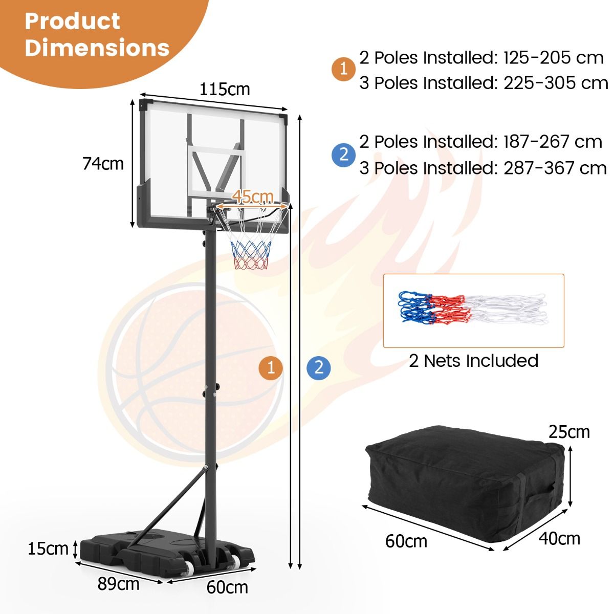 225CM-305CM Adjustable Basketball Hoop with 110CM Shatterproof Backboard