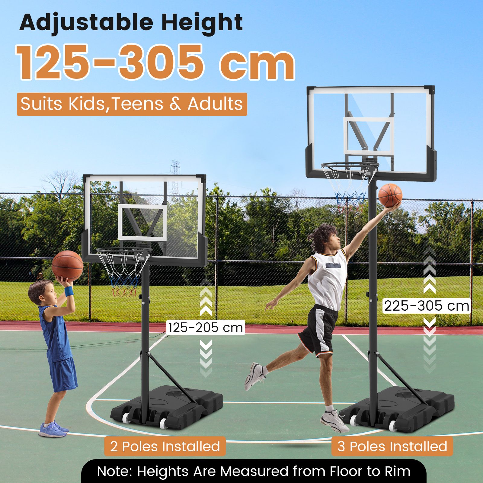 225CM-305CM Adjustable Basketball Hoop with 110CM Shatterproof Backboard