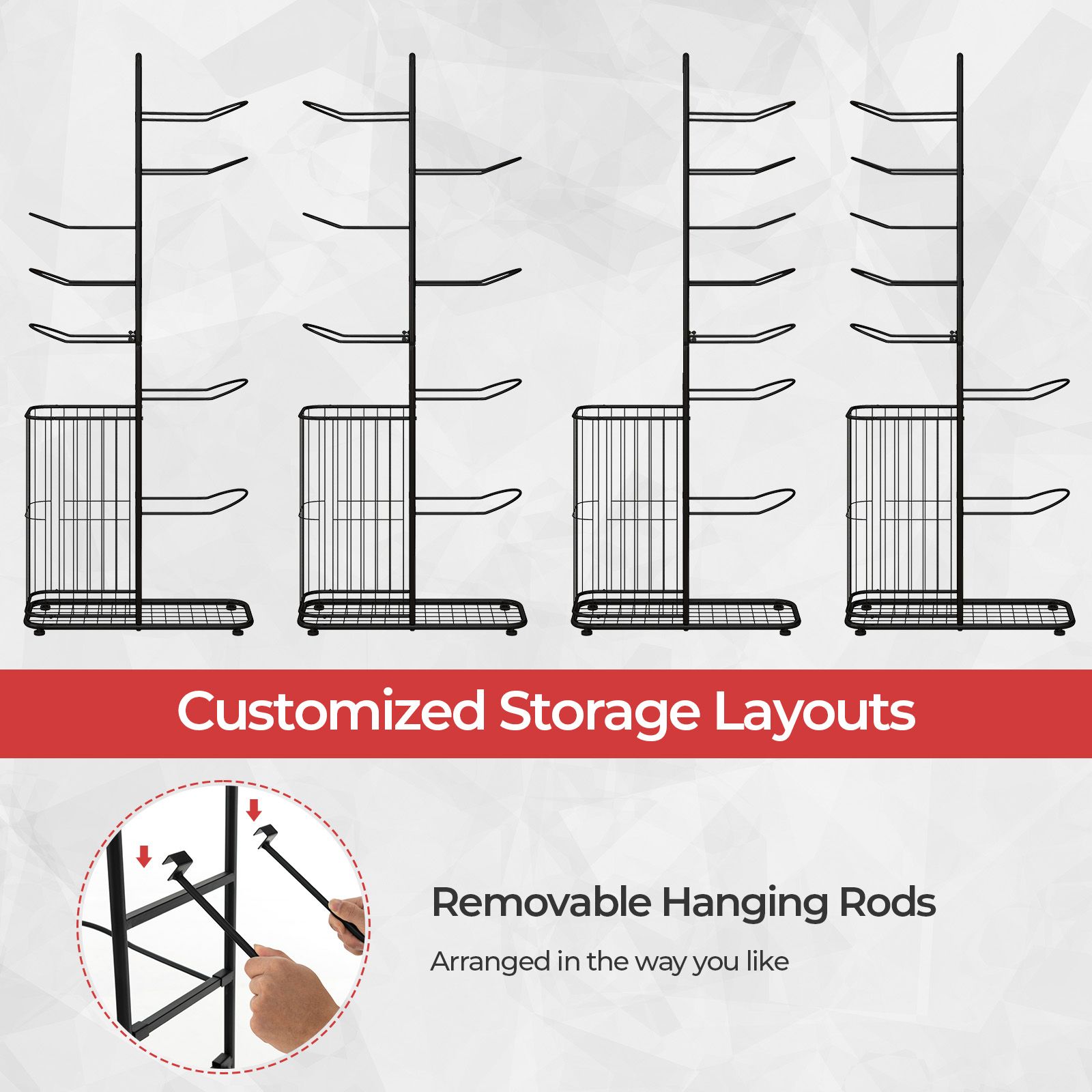 7-Tier Ball Storage Rack with Removable Hanging Rods and Side Basket