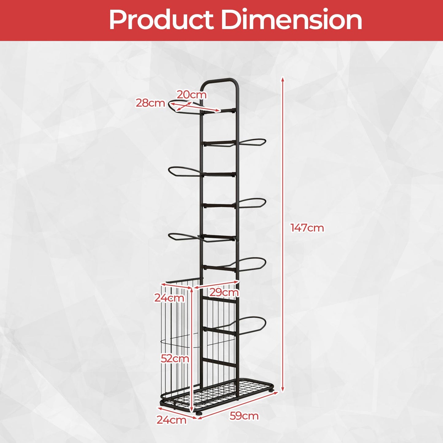 7-Tier Ball Storage Rack with Removable Hanging Rods and Side Basket