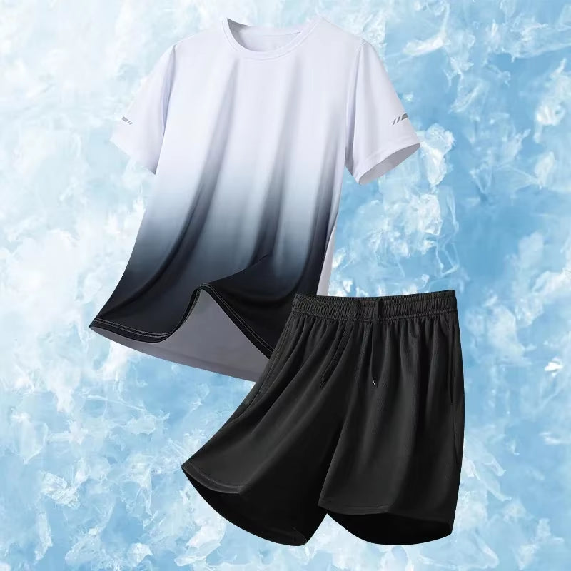 Men Running Fitness Thin Short 2-Piece Set Summer Ice Silk Gradient Tracksuit Men Sports Suit Short Sleeve T Shirt + Shorts Sets