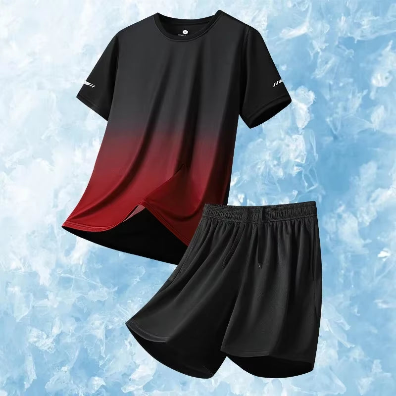 Men Running Fitness Thin Short 2-Piece Set Summer Ice Silk Gradient Tracksuit Men Sports Suit Short Sleeve T Shirt + Shorts Sets