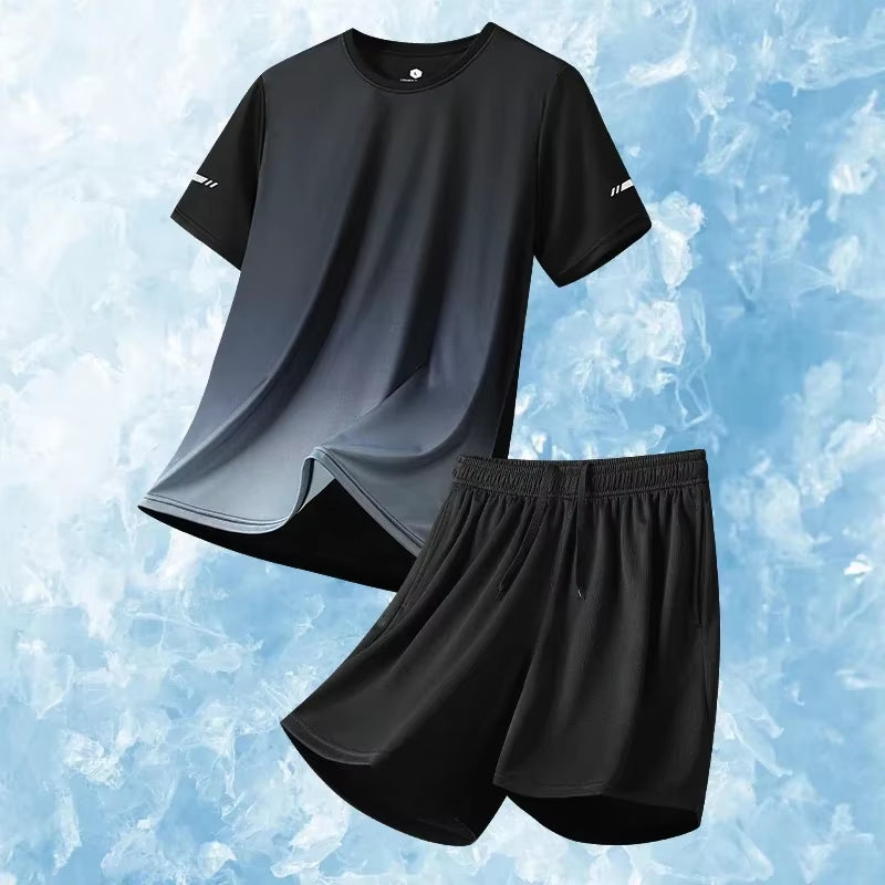 Men Running Fitness Thin Short 2-Piece Set Summer Ice Silk Gradient Tracksuit Men Sports Suit Short Sleeve T Shirt + Shorts Sets