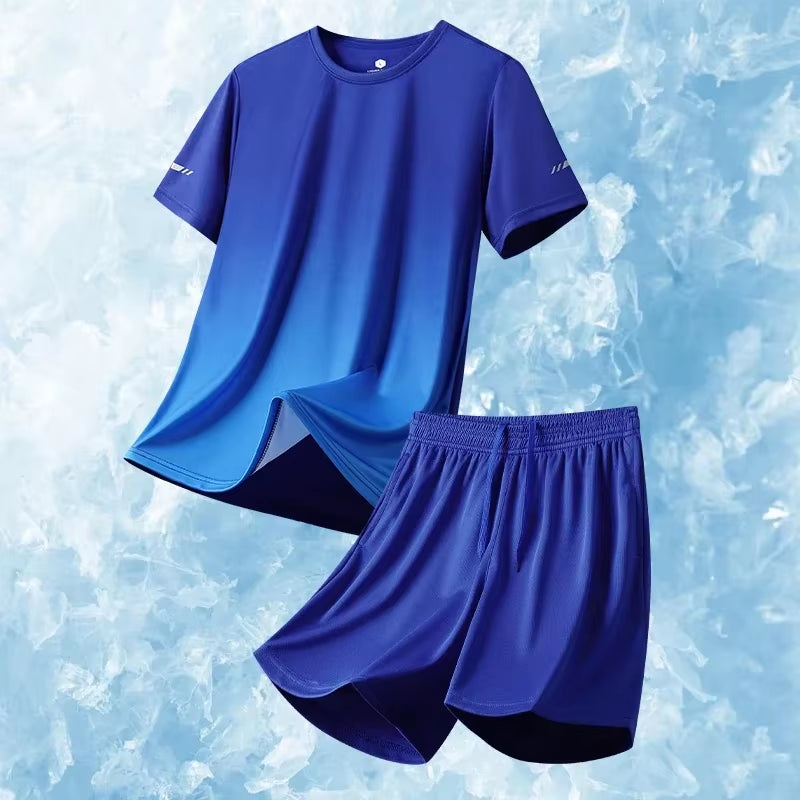 Men Running Fitness Thin Short 2-Piece Set Summer Ice Silk Gradient Tracksuit Men Sports Suit Short Sleeve T Shirt + Shorts Sets