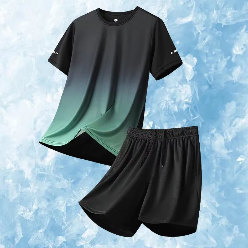 Men Running Fitness Thin Short 2-Piece Set Summer Ice Silk Gradient Tracksuit Men Sports Suit Short Sleeve T Shirt + Shorts Sets