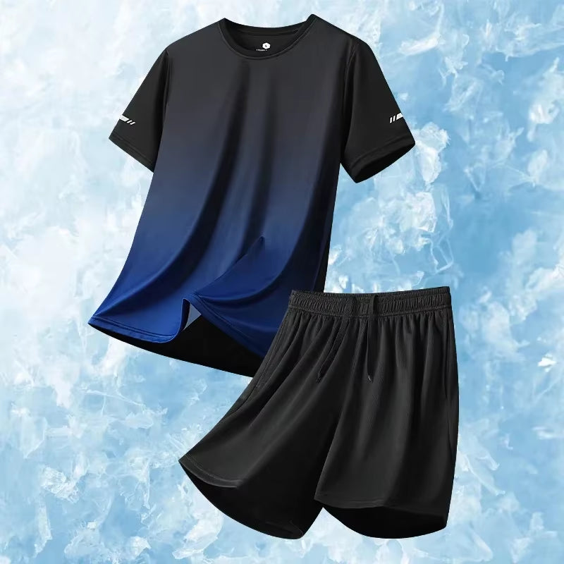 Men Running Fitness Thin Short 2-Piece Set Summer Ice Silk Gradient Tracksuit Men Sports Suit Short Sleeve T Shirt + Shorts Sets