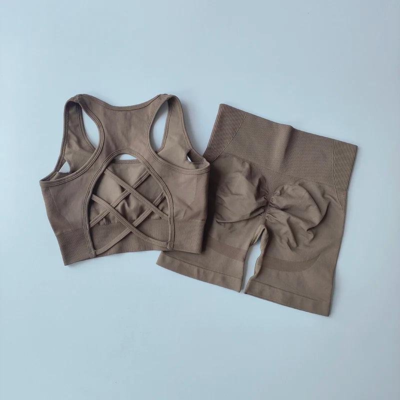 2 PCS Women'S Seamless Yoga Set Sexy Sport Bra High Waist Sports Shorts Gym Fitness Sleeveless Workout Suit Sporstwear