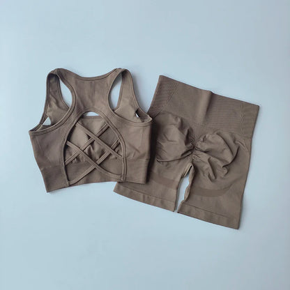 2 PCS Women'S Seamless Yoga Set Sexy Sport Bra High Waist Sports Shorts Gym Fitness Sleeveless Workout Suit Sporstwear