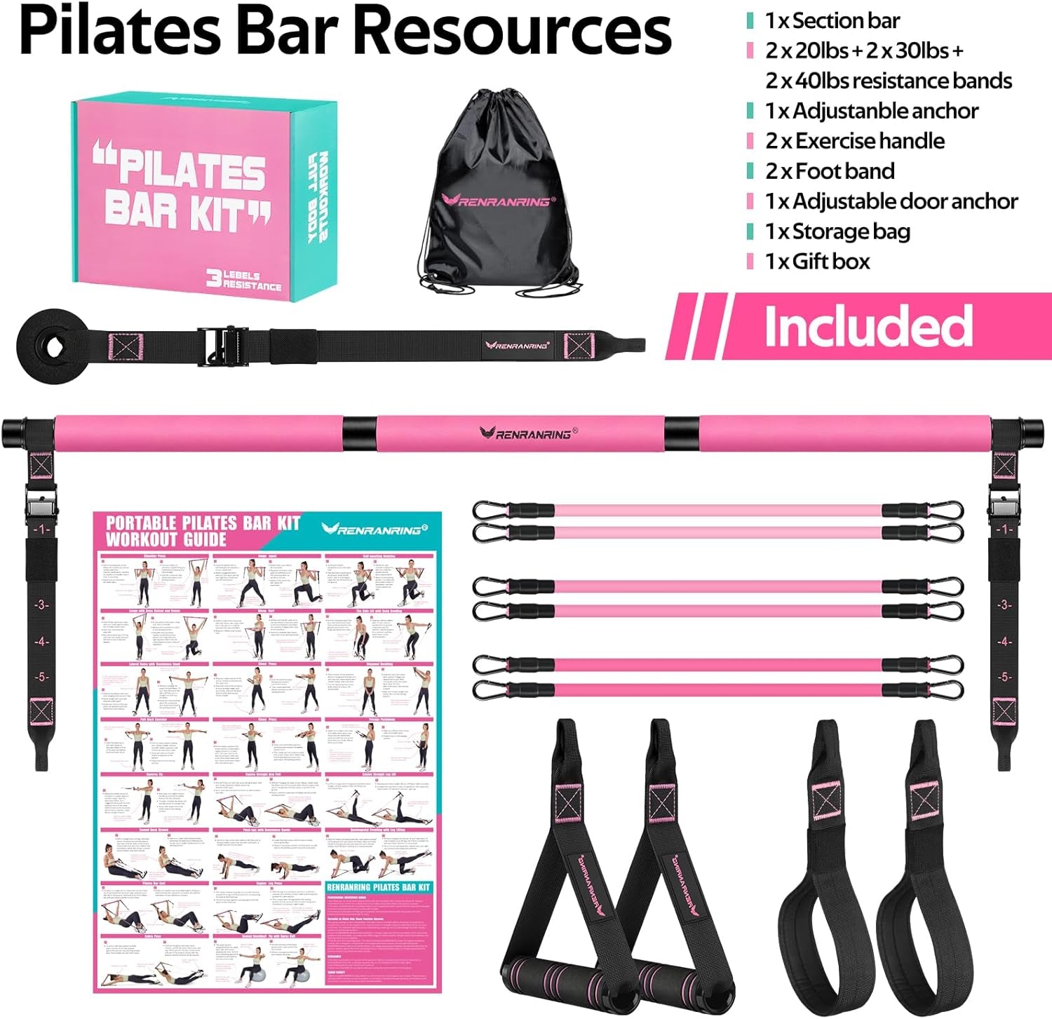 Pilates Bar Kit with Resistance Bands, Multifunctional Pilates Bar for Women & Men with Heavy-Duty Metal Adjustment Buckle, Pilates Home Equipment for Full Bodyworkouts