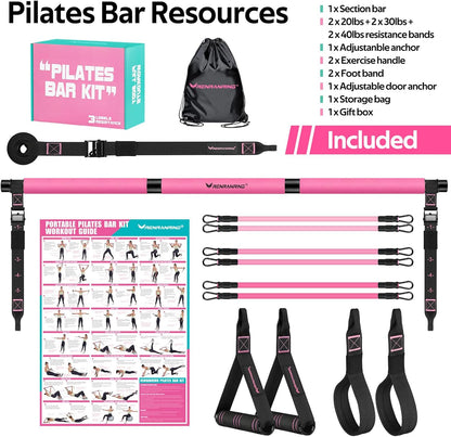Pilates Bar Kit with Resistance Bands, Multifunctional Pilates Bar for Women & Men with Heavy-Duty Metal Adjustment Buckle, Pilates Home Equipment for Full Bodyworkouts