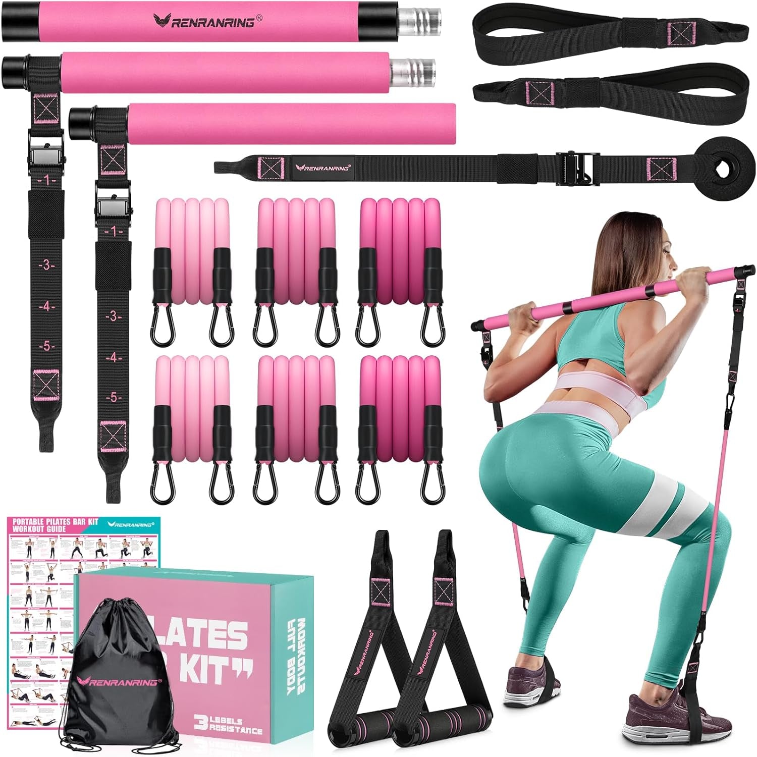 Pilates Bar Kit with Resistance Bands, Multifunctional Pilates Bar for Women & Men with Heavy-Duty Metal Adjustment Buckle, Pilates Home Equipment for Full Bodyworkouts