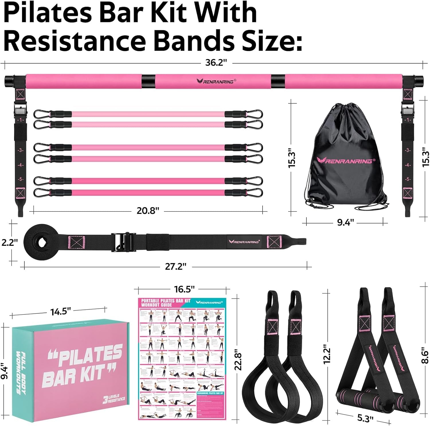 Pilates Bar Kit with Resistance Bands, Multifunctional Pilates Bar for Women & Men with Heavy-Duty Metal Adjustment Buckle, Pilates Home Equipment for Full Bodyworkouts