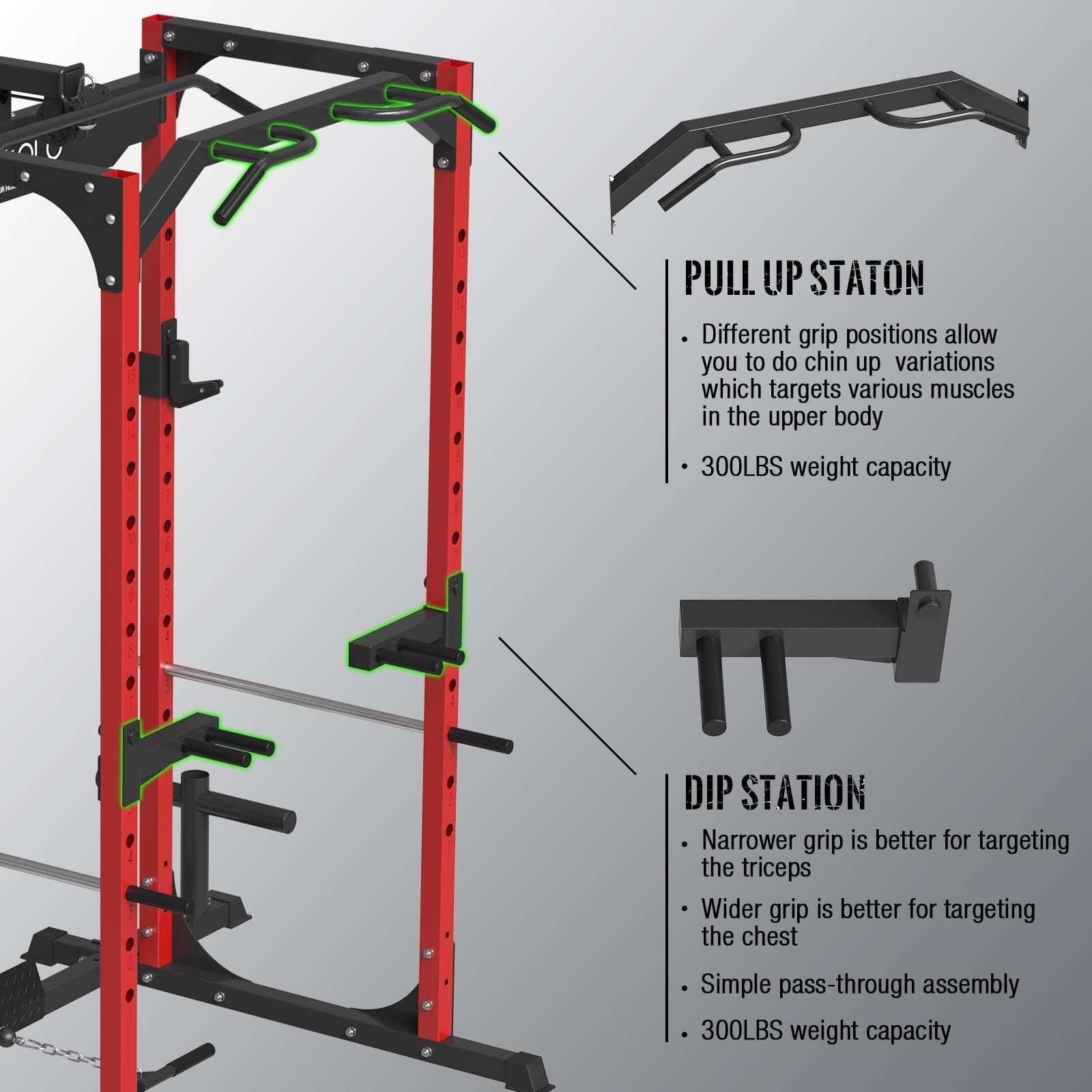 Power Rack Cage with LAT Pulldown System,1200Lbs Capacity Steel Workout Rack, Multi-Functional Squat Rack with 13-Level Adjustable Height and J-Hooks, Dip Bars, T-Bar, Gym Equipment (Upgraded)