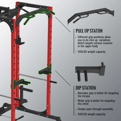 Power Rack Cage with LAT Pulldown System,1200Lbs Capacity Steel Workout Rack, Multi-Functional Squat Rack with 13-Level Adjustable Height and J-Hooks, Dip Bars, T-Bar, Gym Equipment (Upgraded)